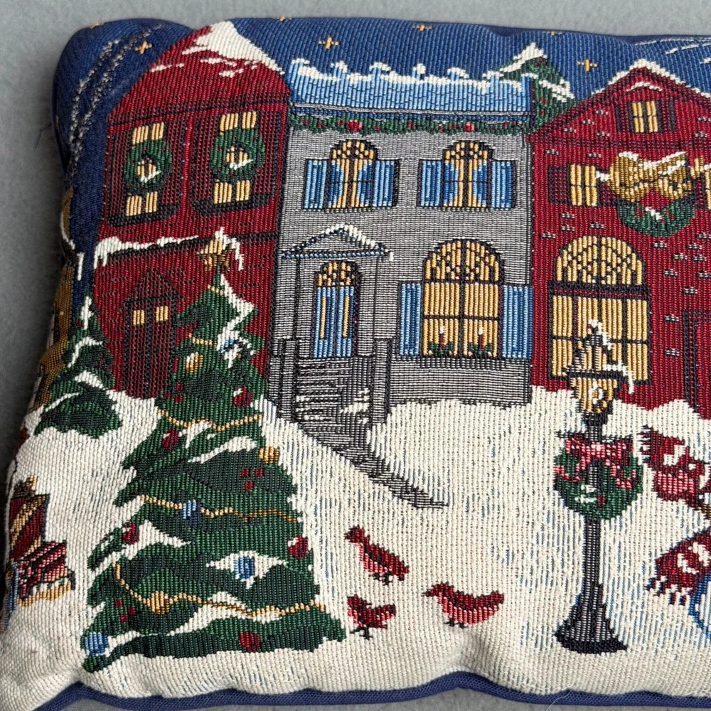 Christmas Winter Village Tapestry Lumbar Pillow Snowman Houses Navy Blue 23x11